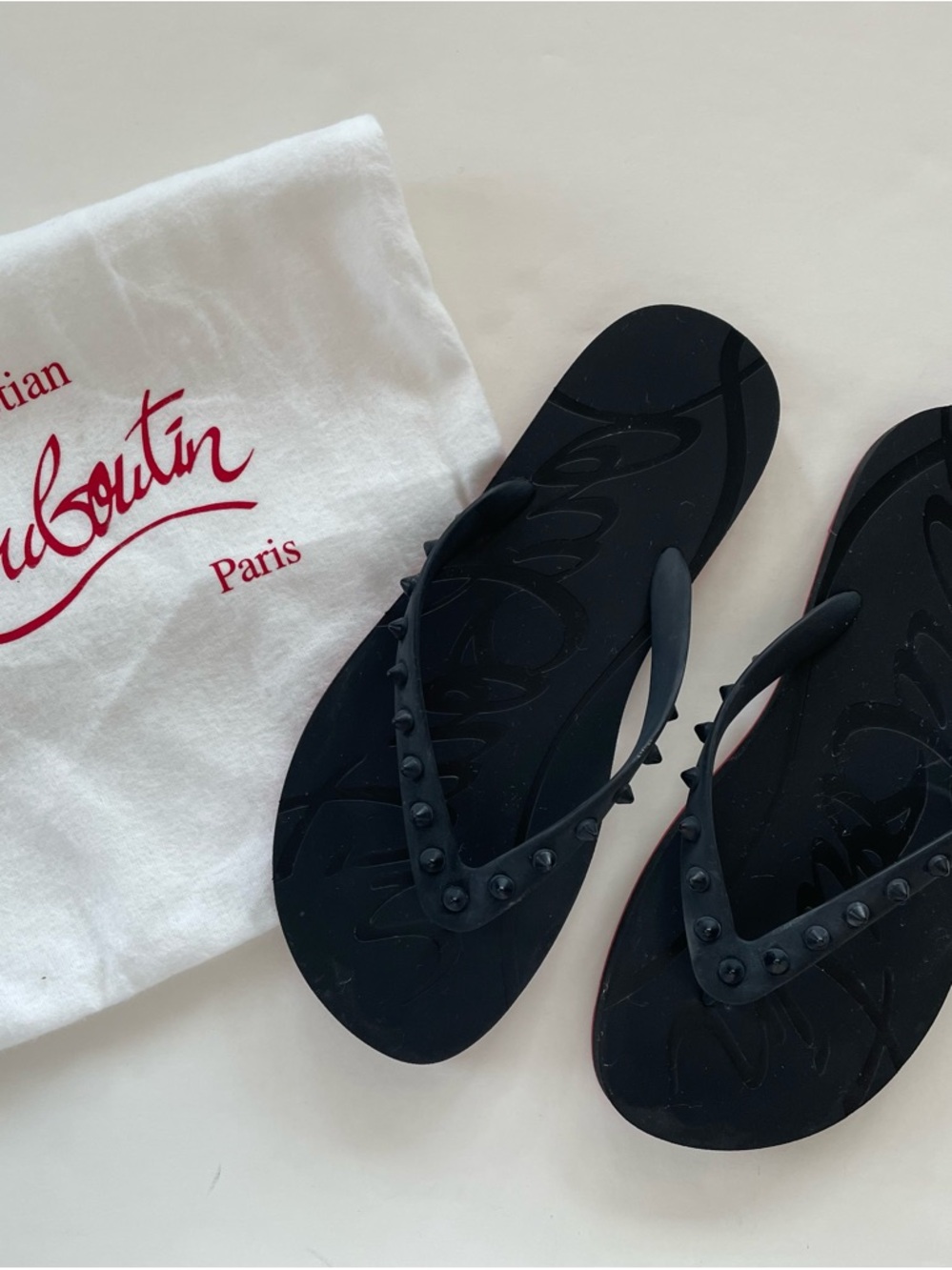 Authentic Christian Louboutin Super Loubi Spiked Flip Flops - Black - Size 40